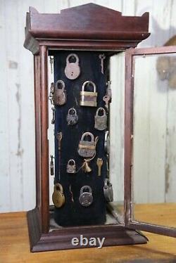 Antique Lock and Key Rotating Hardware Store cabinet wood glass Display Case