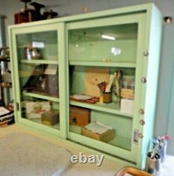 Antique METAL GLASS PAINTED SLIDING DOOR STORE CABINET COLLECTIBLES DISPLAY CASE