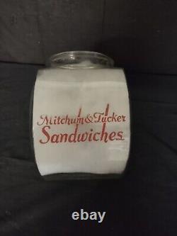 Antique Mitchum & Tucker Sandwich Glass Store Counter Display Advertising Jar