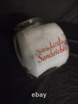 Antique Mitchum & Tucker Sandwich Glass Store Counter Display Advertising Jar