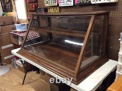 Antique Oak Country Store Display Cabinet, 2 Tier, Orig Glass