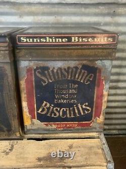 Antique Pair Vtg Loose Wiles Sunshine Biscuit Store Display Tin Box with Glass Lid