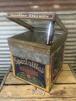 Antique Pair Vtg Loose Wiles Sunshine Biscuit Store Display Tin Box with Glass Lid