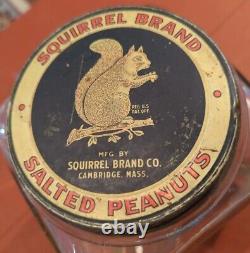 Antique SQUIRREL BRAND Peanuts Glass Store Display Jar Metal Lid 4 Qt