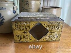 Antique Store Display TIN Hinged Lid Litho With Glass Sugar Coated Yeast Cakes