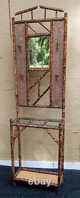 Antique Vintage Bamboo Tortoise Shell Hat Rack Stand Glass Shelf