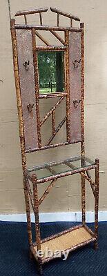 Antique Vintage Bamboo Tortoise Shell Hat Rack Stand Glass Shelf