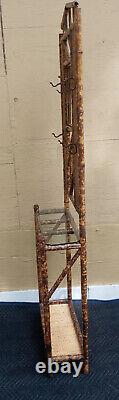 Antique Vintage Bamboo Tortoise Shell Hat Rack Stand Glass Shelf