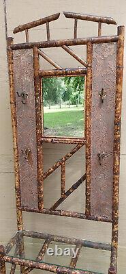 Antique Vintage Bamboo Tortoise Shell Hat Rack Stand Glass Shelf