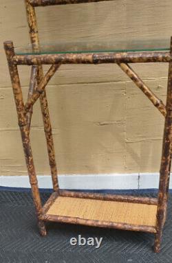 Antique Vintage Bamboo Tortoise Shell Hat Rack Stand Glass Shelf