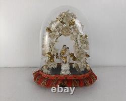 Antique bridal Victorian Oval Hand Blown Glass Dome Vieux Paris Madonna wreath g