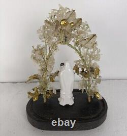 Antique bridal Victorian Oval Hand Blown Glass Dome Vieux Paris Madonna wreath g