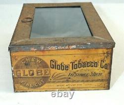 Antique vtg GLOBE Tobacco Detroit Store Display TIN Glass Lid Ginna Litho NY