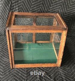 Early 1900s Antique Oak Slant Front Display Case Glass Shelf and Sliding Doors