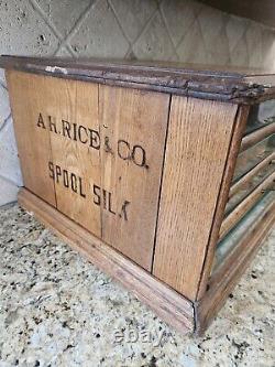 Early A. H. Rice & Co spool cabinet 4 drawer Wood Oak & Glass 19'W x 12H x 18D