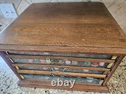 Early A. H. Rice & Co spool cabinet 4 drawer Wood Oak & Glass 19'W x 12H x 18D