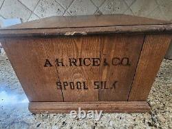 Early A. H. Rice & Co spool cabinet 4 drawer Wood Oak & Glass 19'W x 12H x 18D