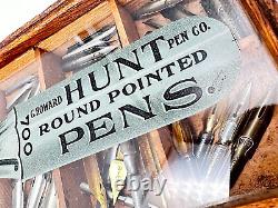 Fine Antique Hunt Pens General Store Nib Oak & Glass Advertising Display Case