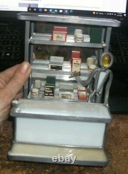 GLASS DRUG STORE DISPLAY with SHELVES, MINIATURE MEDICINE ADVERTISING CONTAINERS