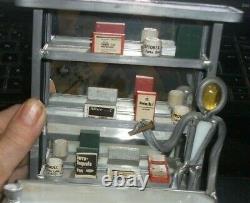 GLASS DRUG STORE DISPLAY with SHELVES, MINIATURE MEDICINE ADVERTISING CONTAINERS