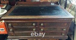 Huge Antique J & P Spool Cabinet Oak Wood Hinged Slated LID 6 Drawers Glass Well