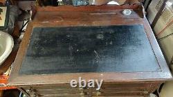 Huge Antique J & P Spool Cabinet Oak Wood Hinged Slated LID 6 Drawers Glass Well