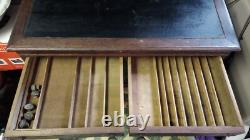 Huge Antique J & P Spool Cabinet Oak Wood Hinged Slated LID 6 Drawers Glass Well