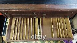 Huge Antique J & P Spool Cabinet Oak Wood Hinged Slated LID 6 Drawers Glass Well