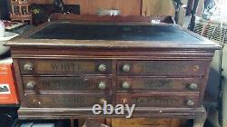 Huge Antique J & P Spool Cabinet Oak Wood Hinged Slated LID 6 Drawers Glass Well