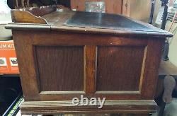 Huge Antique J & P Spool Cabinet Oak Wood Hinged Slated LID 6 Drawers Glass Well