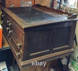 Huge Antique J & P Spool Cabinet Oak Wood Hinged Slated LID 6 Drawers Glass Well