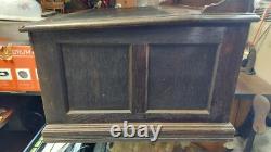 Huge Antique J & P Spool Cabinet Oak Wood Hinged Slated LID 6 Drawers Glass Well