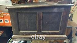 Huge Antique J & P Spool Cabinet Oak Wood Hinged Slated LID 6 Drawers Glass Well