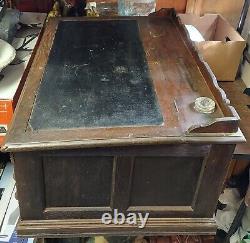 Huge Antique J & P Spool Cabinet Oak Wood Hinged Slated LID 6 Drawers Glass Well