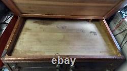 Huge Antique J & P Spool Cabinet Oak Wood Hinged Slated LID 6 Drawers Glass Well