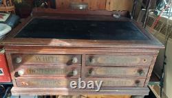 Huge Antique J & P Spool Cabinet Oak Wood Hinged Slated LID 6 Drawers Glass Well