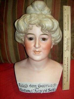LIFE SIZE, RARE c1910, antique bisque boudoir store Mannequin head withglass eyes+