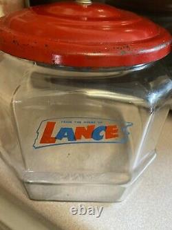 Lance Advertising Glass Cracker Cookie Jar Store Display red lid 6.5 Rare Vtg
