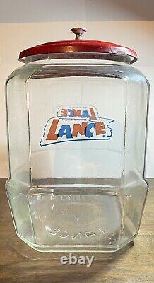 Lance Glass Octagon Cracker Cookie Jar Store Counter Display With Red Lid 10 1/2in