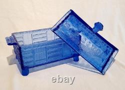 Lutted's S. P. Cough Drops Cobalt Blue Glass Log Cabin Candy Dish Vintage Mint