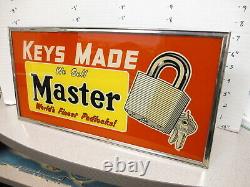 MASTER LOCK padlock key 1950s hardware store display lighted sign reverse glass