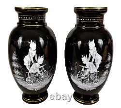 Mary Gregory, Sandwich Glass Co. Fowler Co. NY 1882 Bicycle Advertising Vases