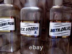 OLD Drugstore SET 3 Tall CLEAR GLASS LABELED APOTHOCARY JARS withOriginal Stoppers