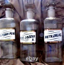 OLD Drugstore SET 3 Tall CLEAR GLASS LABELED APOTHOCARY JARS withOriginal Stoppers
