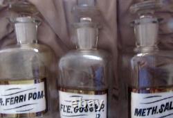 OLD Drugstore SET 3 Tall CLEAR GLASS LABELED APOTHOCARY JARS withOriginal Stoppers