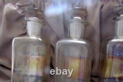 OLD Drugstore SET 3 Tall CLEAR GLASS LABELED APOTHOCARY JARS withOriginal Stoppers