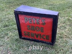 Old Electric Shoe Service Advertising Sign Vintage Wood Frame Glass Trade Sign