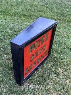 Old Electric Shoe Service Advertising Sign Vintage Wood Frame Glass Trade Sign