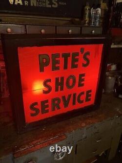 Old Electric Shoe Service Advertising Sign Vintage Wood Frame Glass Trade Sign