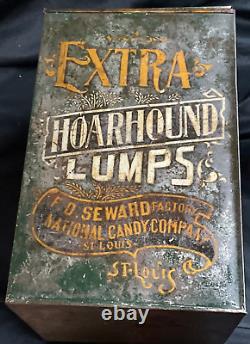 Old Vintage metal Seward's Hoarhound lumps tin store display with glass window